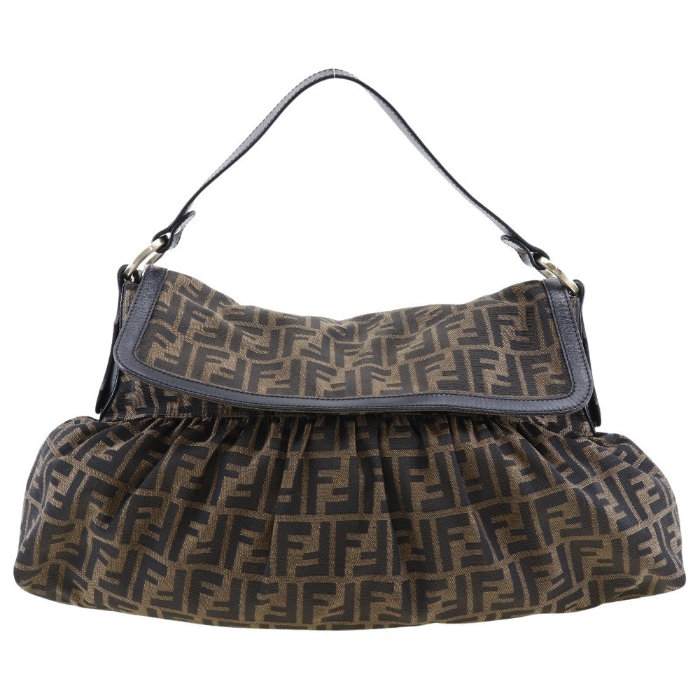 Fendi Zucca Shoulder Bag Brown Canvas Leather Snap Buttons